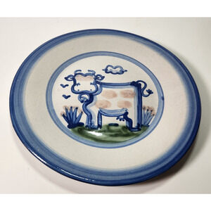 M A Hadley Hand Painted Bull Cow Farm Pottery 8 7/8" Plate Blue Lunch Signed